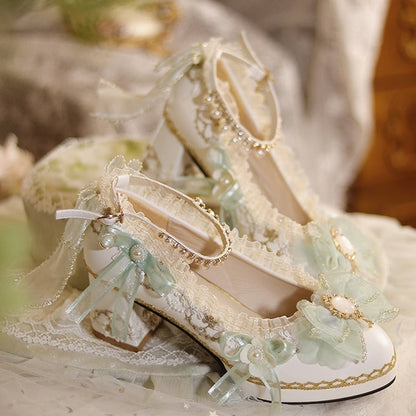 White & Light Green Floral and Bow Accent 5-6CM Hime Lolita Block Heels