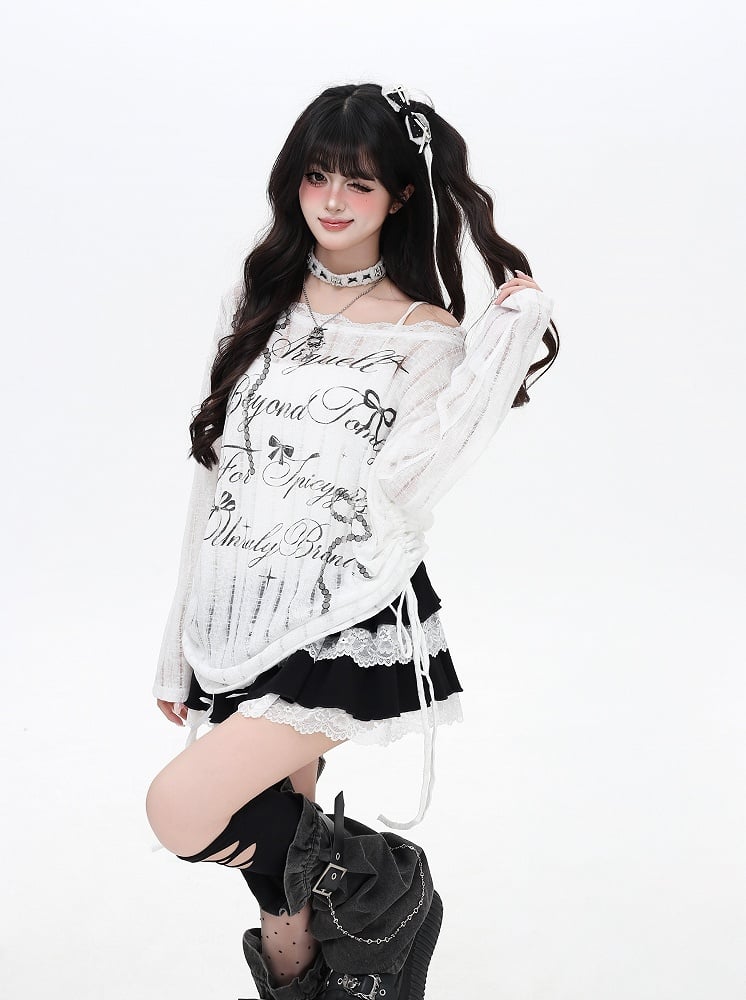 Black/White Asymmetrical Neckline Bow Print Distressed Holes Coverup