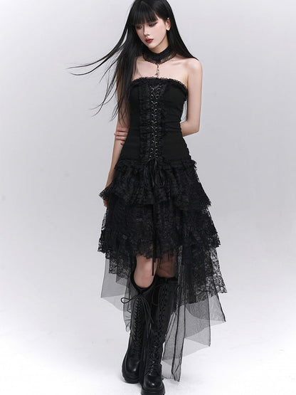 Gothic Black High-Low Tiered Lace Skirt