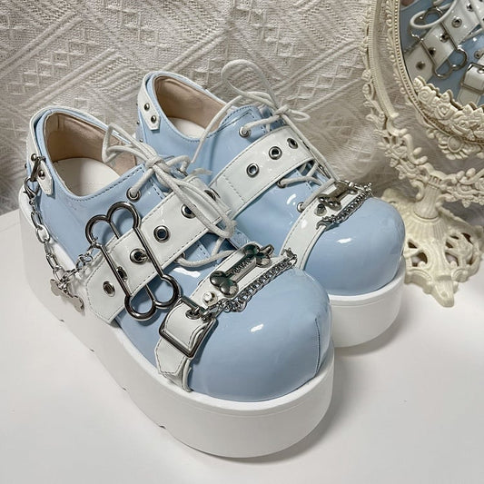 Tenshi Kaiwai Light Blue Y2K Bone Design Buckle Strap Platform Shoes
