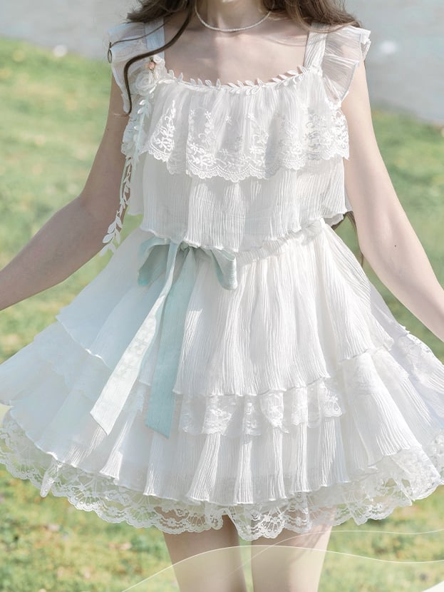 Sweet White Tiered Lace Trim Flutter Sleeves Dress with Brooch and Waist Belt