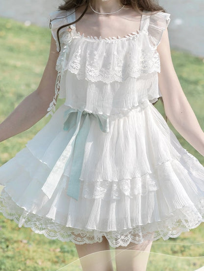 Sweet White Tiered Lace Trim Flutter Sleeves Dress with Brooch and Waist Belt