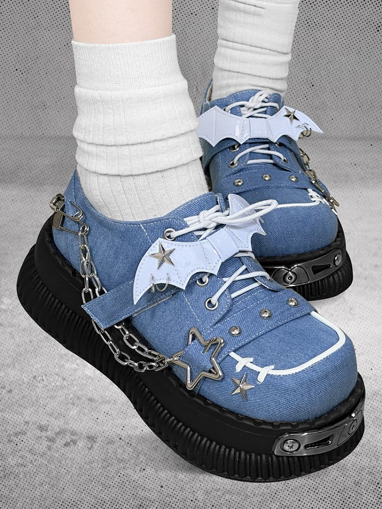 Star-shaped Studs and Chains Gothic Blue Bat Wings Platforms Punk Shoes