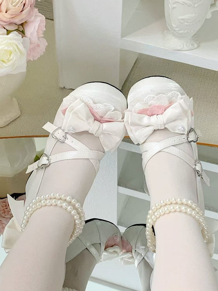 White Crisscross Design Bow at Top Heart Buckles Sweet Lolita Shoes With Dual Detachable Buckle Ankle Straps