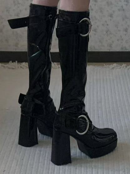 Knee-Length Polished Black Boots - Square Toe Platform with Decorative Buckles & Inner Zipper