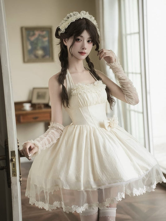 Elegant Beige Boned Basque Waist Self-tie Halter Neck Dress + Detachable Flower Bow + Hairband