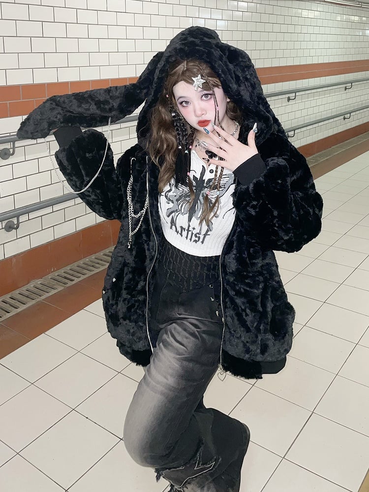 Plus Size Black Bunny Ears Y2K Hooded Coat