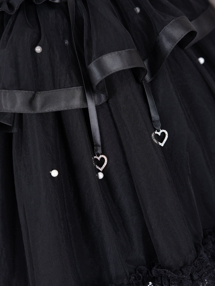 Allover Bead Black High Waist Jirai Kei Skirt with Lace Up and Shirring Waist