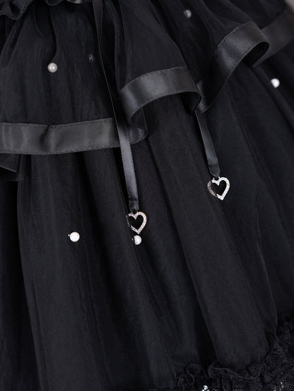 Allover Bead Black High Waist Jirai Kei Skirt with Lace Up and Shirring Waist