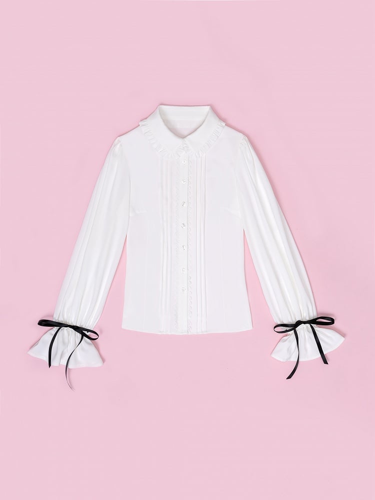 Sweet Ruffle White Shirt with Lace Placket and Flounce Sleeves