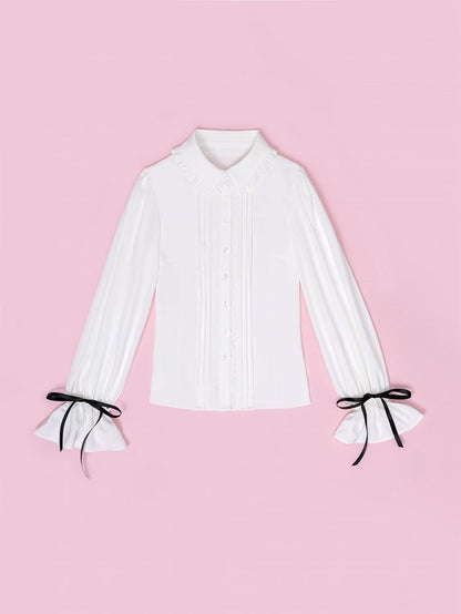 Sweet Ruffle White Shirt with Lace Placket and Flounce Sleeves