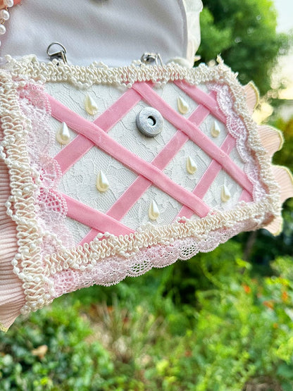 Light Pink Bow Accent Strawberry Charm Sweet Lolita Bag with Silver-toned Chain Strap