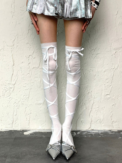 White/Black/Gray Crisscross Self-tie Straps Overknee Stockings
