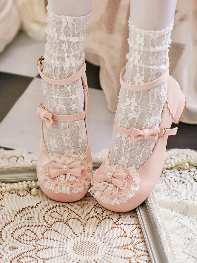 Baby Pink Bow at Top Lace Trim Heart Buckles Round Toe Lolita Shoes