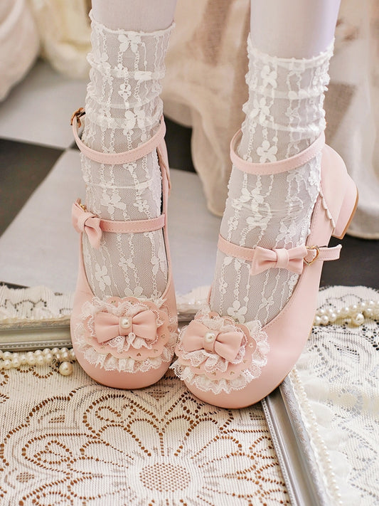 Baby Pink Bow at Top Lace Trim Heart Buckles Round Toe Lolita Shoes