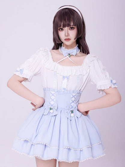 White Square Neckline with Blue Choker Halter Neck Jirai Kei Short Sleeves Blouse