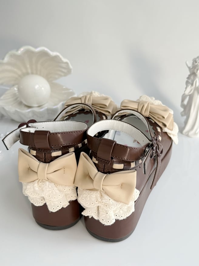 Chocolate Brown Bow at Top Lace Trim Heart Buckles Platforms