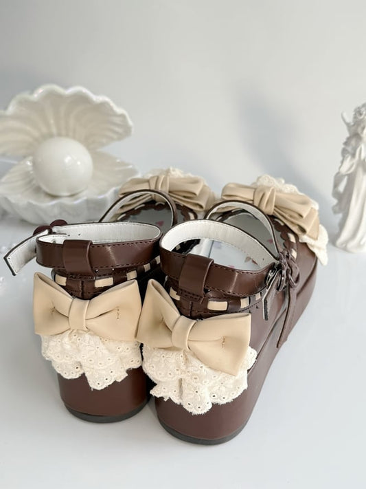 Chocolate Brown Bow at Top Lace Trim Heart Buckles Platforms