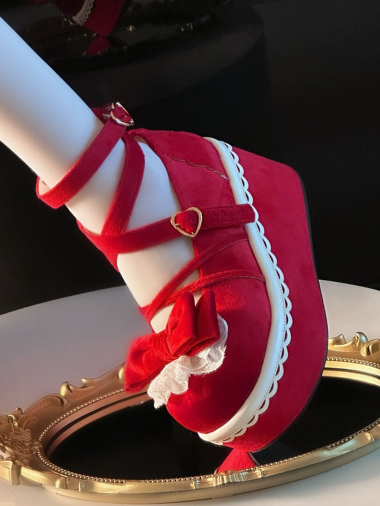 Red Velvet Mary Janes for Lolita - Lace Accented Bow with Romantic Clasp & Crisscross Design