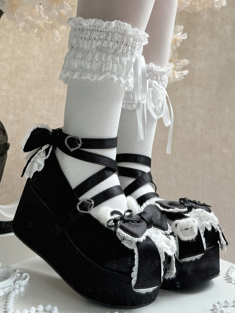 Plush Bear Ear Details, Bow Accents & Crisscross Design Satin Black Platform Shoes in Sweet Lolita
