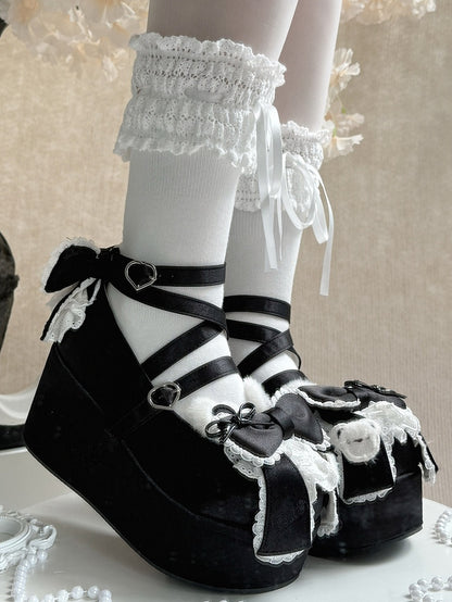 Plush Bear Ear Details, Bow Accents & Crisscross Design Satin Black Platform Shoes in Sweet Lolita