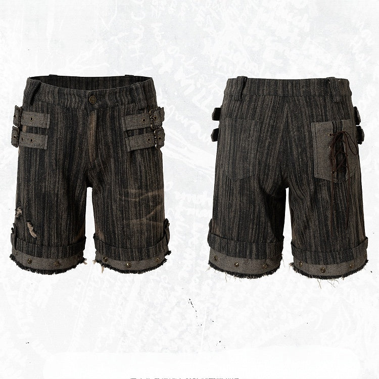 Black Wasteland Punk Studs Decorated Buckle Details Faded Wash Shorts