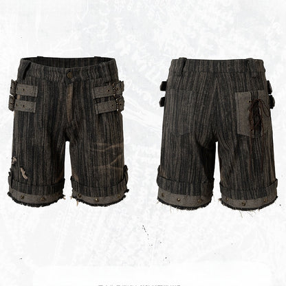 Black Wasteland Punk Studs Decorated Buckle Details Faded Wash Shorts