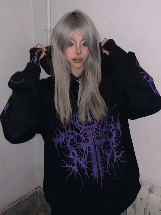 Black and Purple Emo Punk Graphic Zip Hoodie