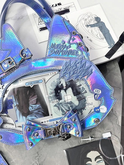 Kitty Ear Design Bowknot Studs Detail Blue PU Tote Bag Ita Bag with Free Card Holder