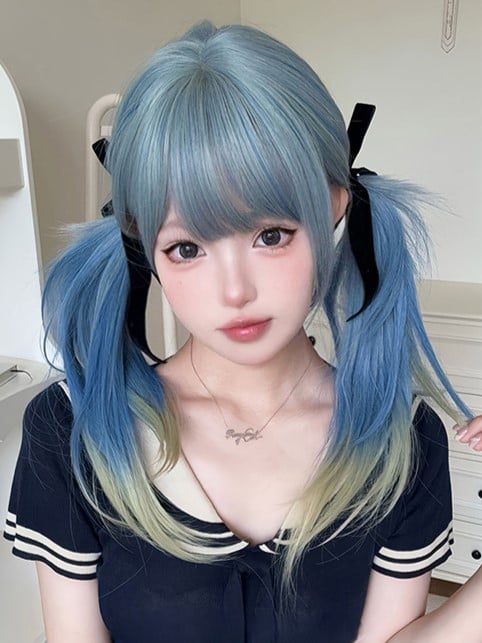 Blue Ombre Hair Color 65CM Length Hime Cut Straight Wig With Air Bangs
