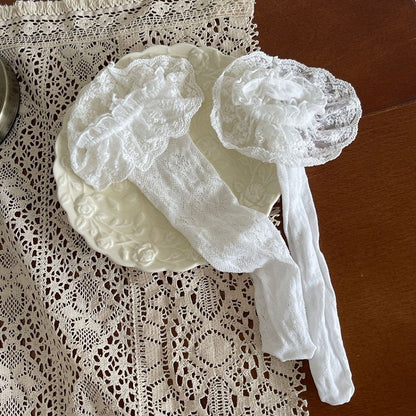 White/Pink Floral Pattern Lace Trim Socks