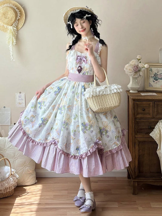 Blueberry and Ice Cream Print Lolita Dress Purple Gingham Hemline