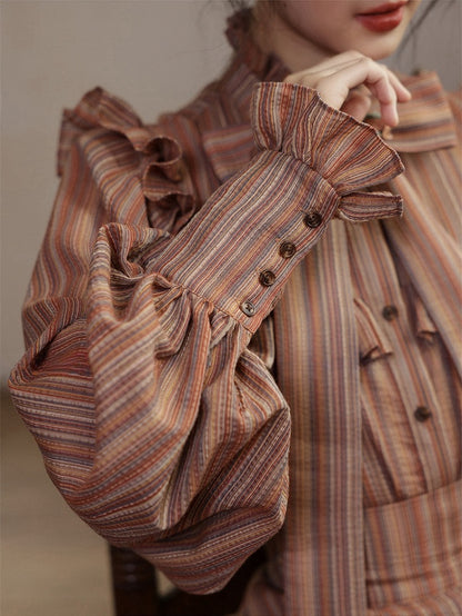 Reddish Brown Striped Pattern Vintage Bishop Sleeves Ruffle Trim Blouse