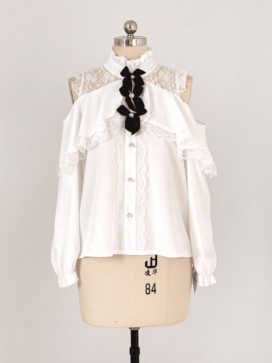 Black/White Jirai Kei Illusion Neckline Blouse with Cut-Out Shoulder with Bow Decor