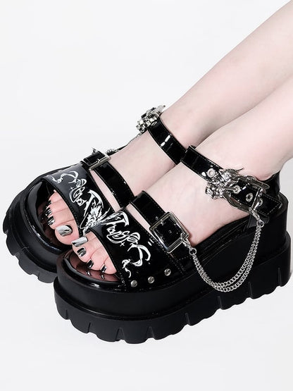 Dragon-shaped Buckle Polished Black Punk Platform Sandals Detachable Chains