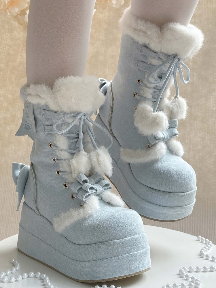 Sweet Blue Snow Boots For Lolita - Plush Interior with Star & Heart Lace Charms & Delicate Bows