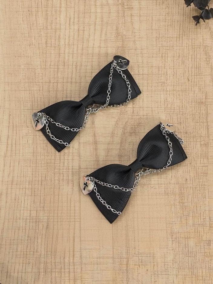 Black/Dusty Pink/White Gothic Cross Hearts Jirai Kei Bowknot Hairclips with Chains