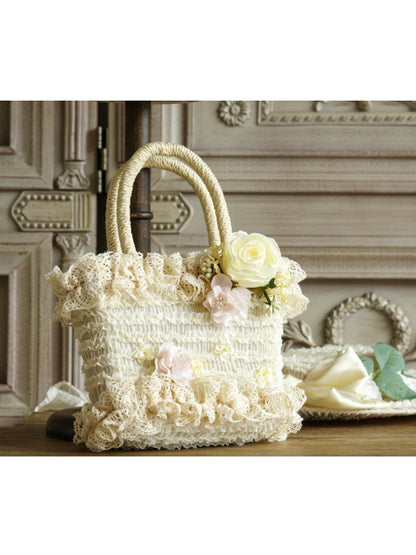Beige/Pink Lace-Trimmed Country Woven Handbag with Flower Accents