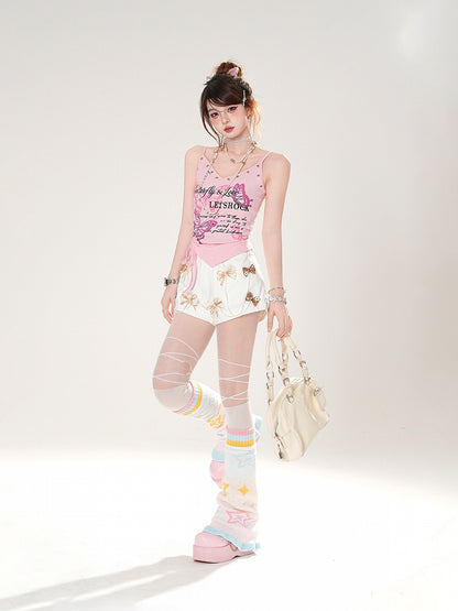 Dark Gray/White/Pink Bowknots Embellished Shorts with Beaded Chains