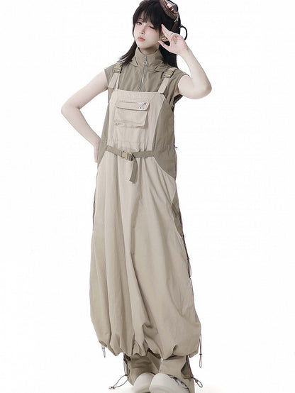 Khaki Snap and Drawstring Details Techwear Overall Bubble Skirt