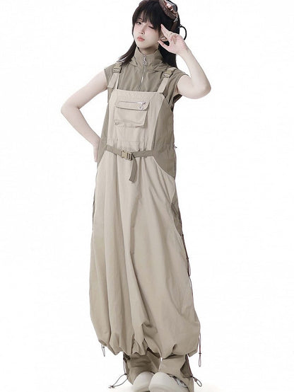 Khaki Colorblock Design Drawstring Hem Techwear Hooded Tank Top