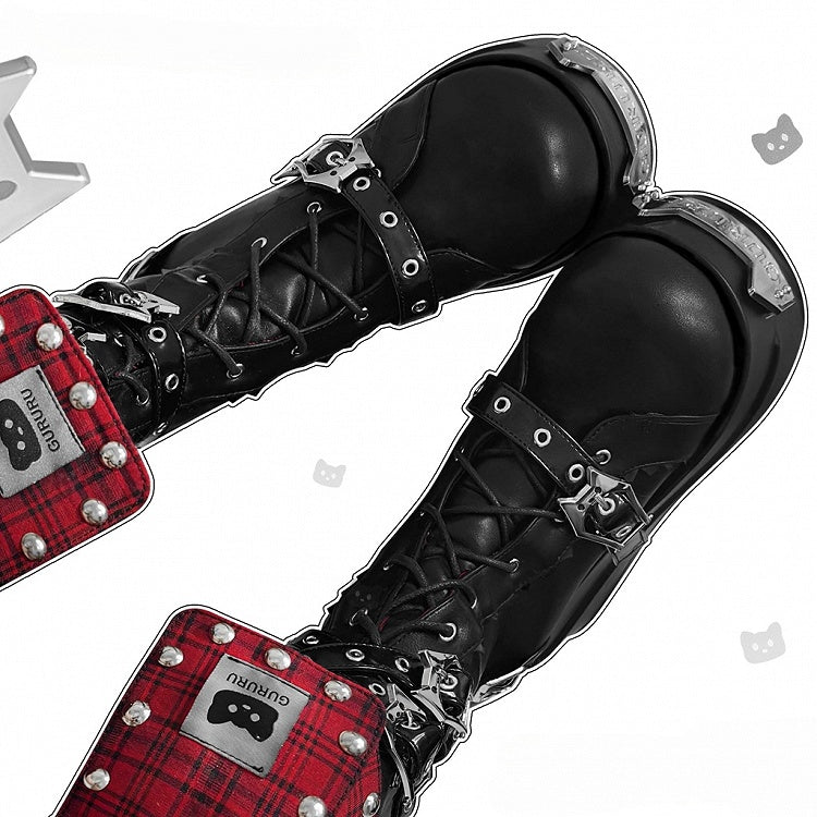 Red Plaid Fold-over Trim Kitty Buckle Straps Harajuku Punk Platform Boots