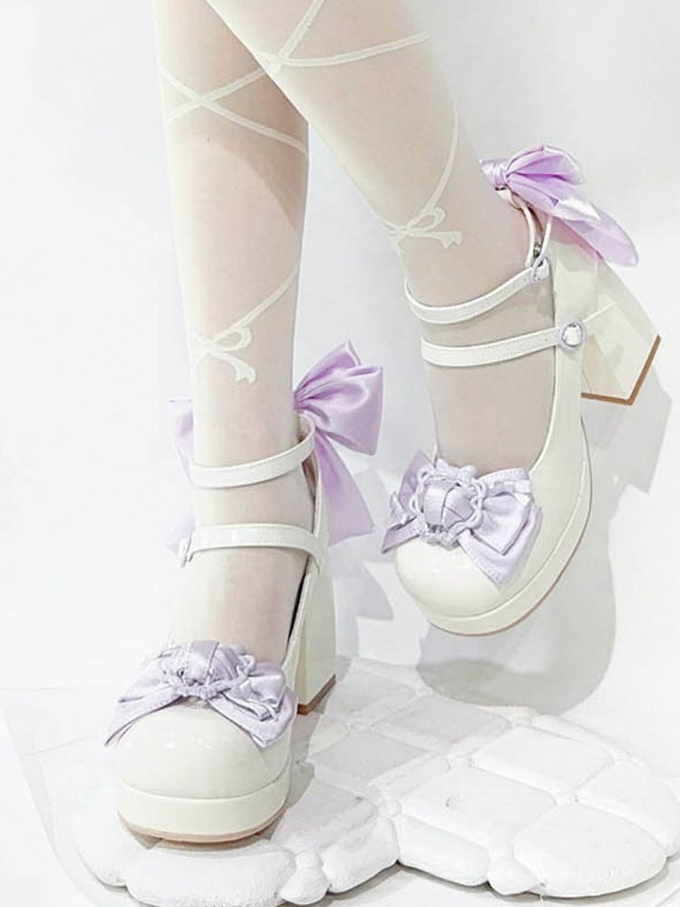 Polished White&Purple Bow at Top Platform High Block Heels
