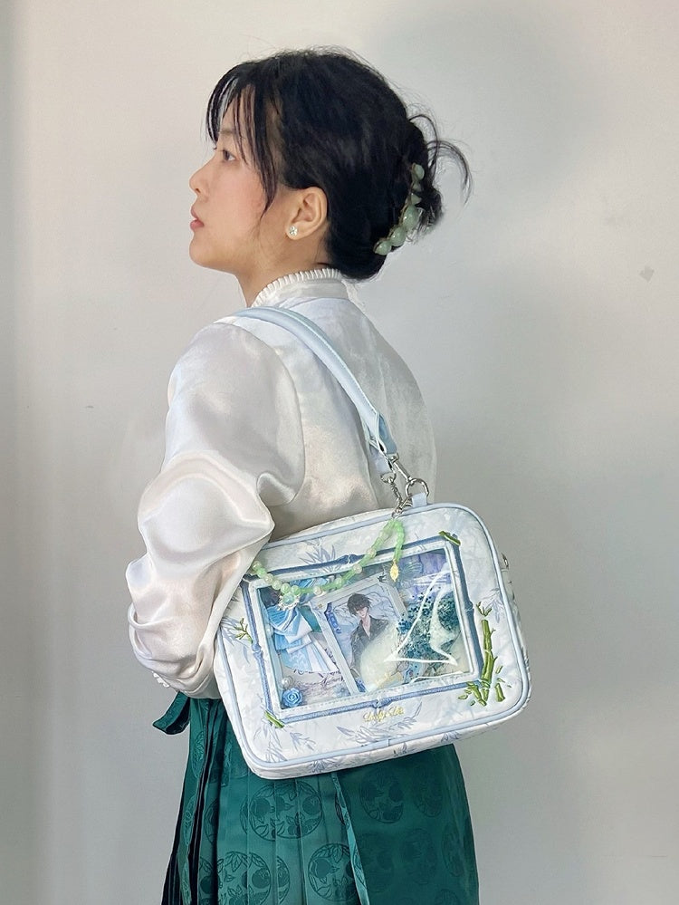 Light Blue Bamboo Leaf Pattern Cheongsam Style Ita Shoulder Bag with Detachable Beaded Chain