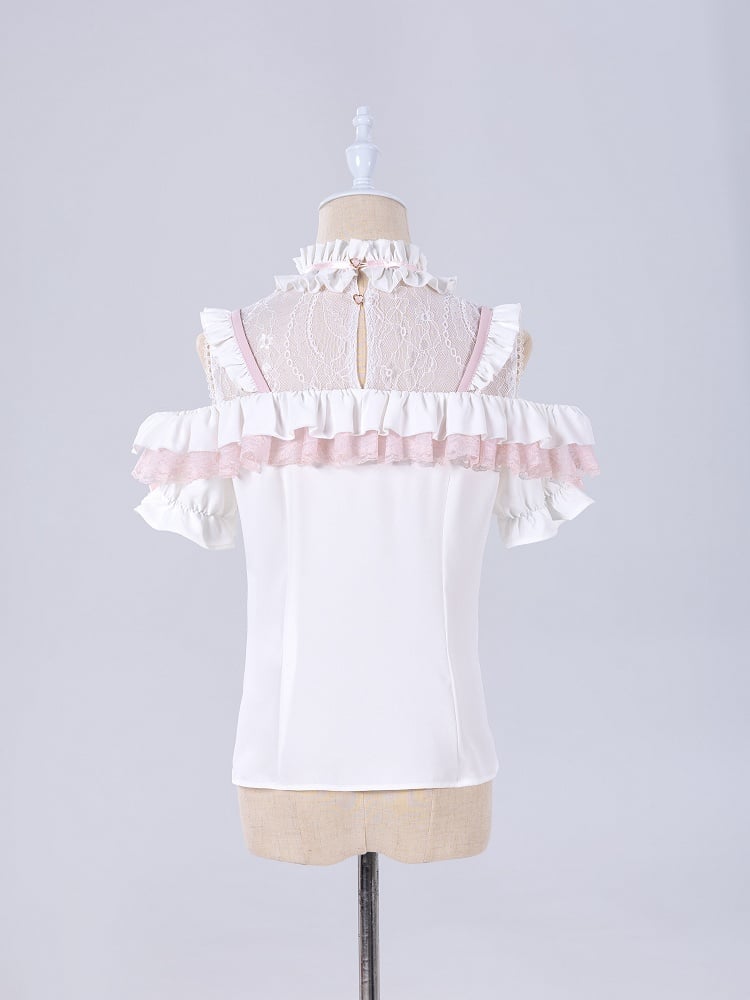 Jirai Kei Open Shoulders White and Pink Sweet Short Sleeves Blouse