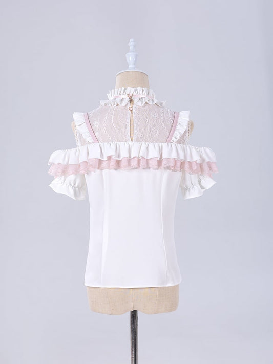 Jirai Kei Open Shoulders White and Pink Sweet Short Sleeves Blouse