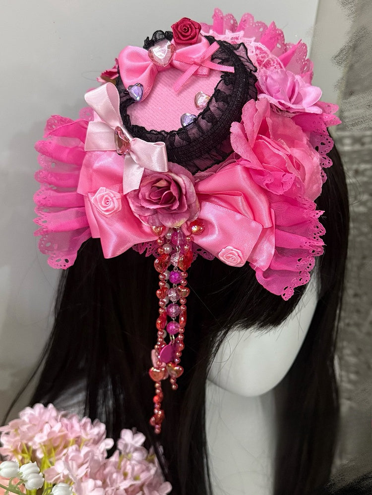 Rose Red Rhinestone Heart Decorated Rosette Design Bowknot Details Beaded And Heart Chain Mini Hat