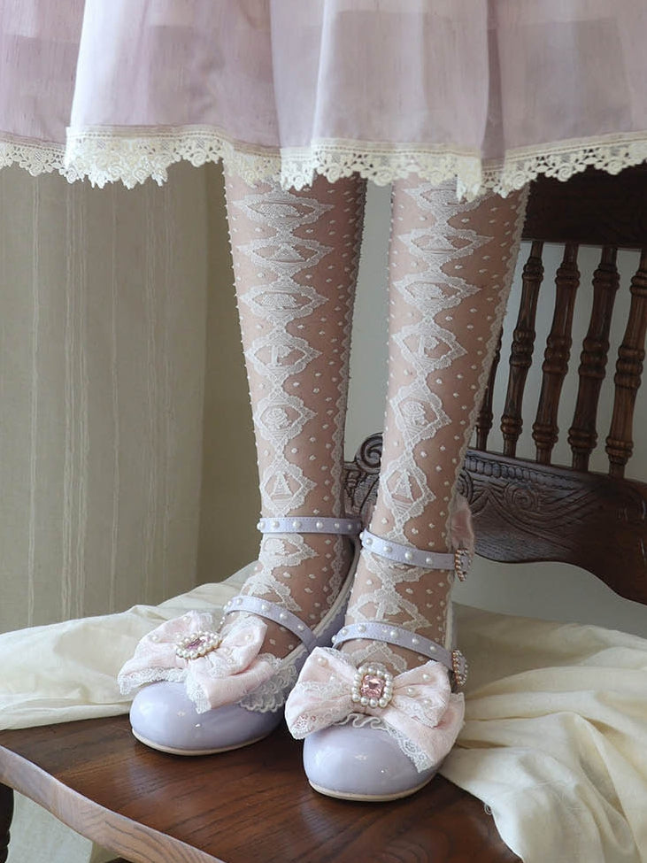 Polished Purple&Pink Detachable Rhinestone And Beaded Decorated Bowknot Lace Trim 4.5CM Block Heels Shoes