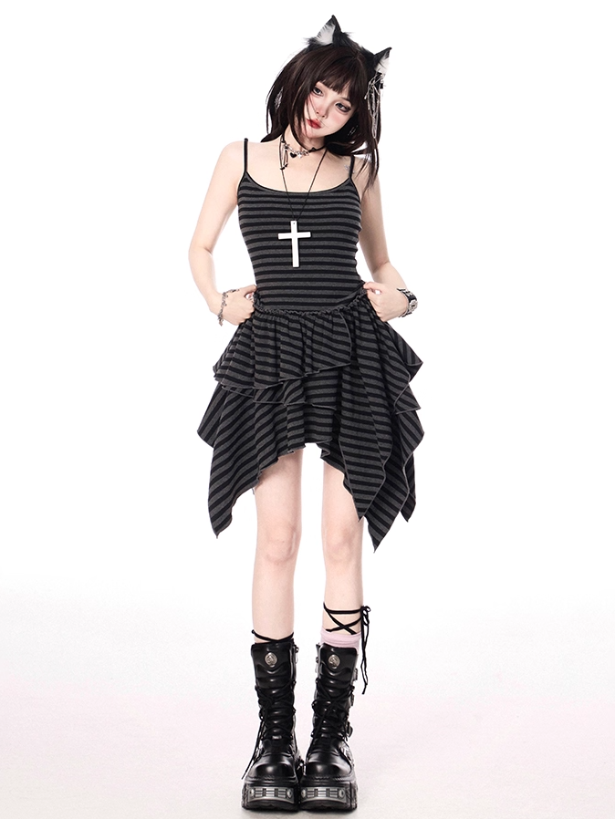 Black and Gray Stripes Handkerchief Hem Tiered Skirt Cami Dress