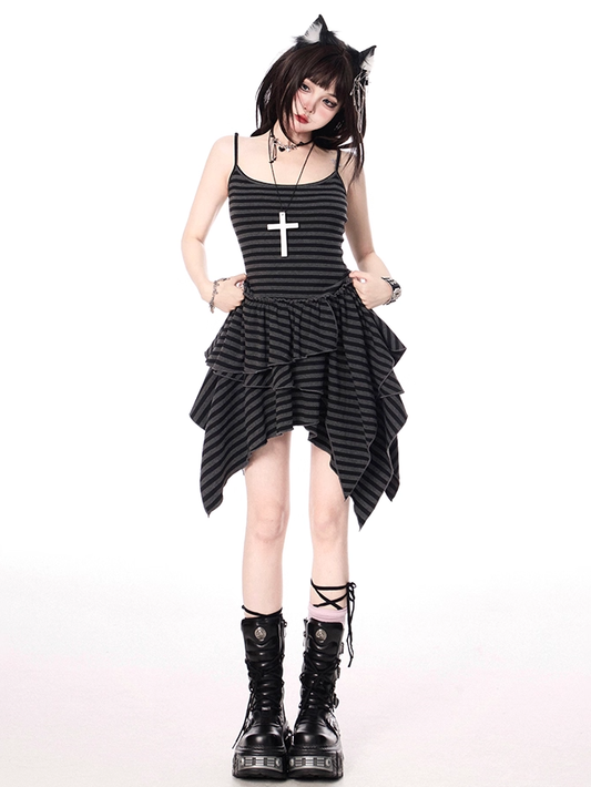 Black and Gray Stripes Handkerchief Hem Tiered Skirt Cami Dress
